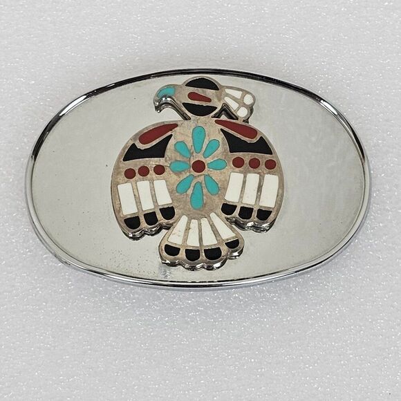 Thunderbird Bird Native American Peyote Southwest 80s Vintage Inlaid Belt Buckle - Picture 1 of 8
